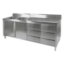 F.E.D DSC-2100L-H Stainless Steel 2 Solid Doors 6 Drawers Kitchen Tidy Cabinet With Double Left Sinks